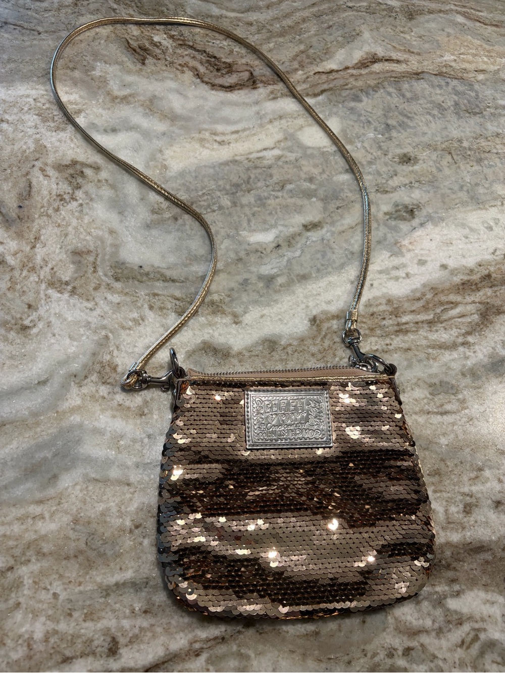 COACH - Poppy, gold sequinned cross body bag